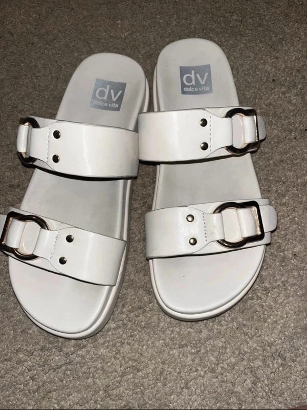 DV by Dolce Vita White Double Buckle Slide Sandals
